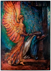 Sendebudet kommer til Christiana fra The Pilgrims Progress From This World, To That What Is To Come av John Bunyan (1628-1688) Illustrasjon av Byam Shaw (1872-1919), en engel ankommer og tilkaller Chri av John Byam Liston Shaw