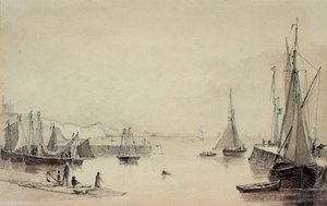 Folkestone Harbor with Shipping, Shakespeares Cliff in the Distance, 1800-tallet av John Carpenter