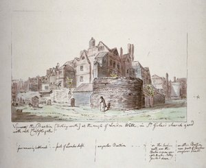 Bastion i vinkelen til London Wall, St Giles uten Cripplegate kirkegård, City of London, 1779