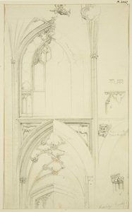 Detaljer om Clerestory Window Tracery og Vaulting of the Aisle nedenfor, i St Mary Redcliffe (blyant og akvarell på papir)