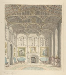 Salongen til Lea Castle, med utsikt mot vest, ca. 1816. av John Carter.