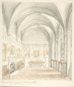 Lea Castle, Worcestershire, spisestue med utsikt mot sør, ca. 1816. av John Carter.