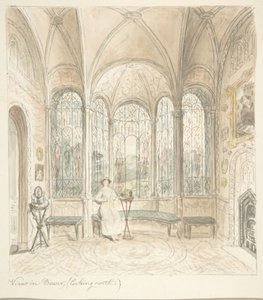 Lea Castle, Worcestershire, utsikt i Bower, ser nordover, ca. 1816. av John Carter.