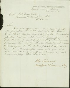 Brev signert J.C. Fremont, generalmajor, kommandoer i hovedkvarteret, Western Department, leir nær Tipton, til kaptein A.H. Foote, U.S.N. Kommanderende marinestyrker H.D., St. Louis, 11. oktober 1861 av John Charles Frémont
