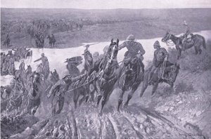 Artilleri som forser kaledonen ved Karreepoort Drift, illustrasjon fra After Pretoria: The Guerilla War, 1902 av John Charlton
