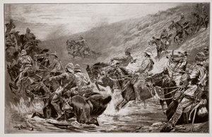 The Dash for Kimberley - The 10th Hussars Crossing Klip Drift, etter en skisse av G.D. Giles (fl.1890) av John Charlton