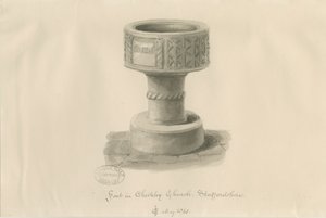 Font i Checkley Church: sepia-tegning, 1841 av John Chessell Buckler