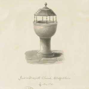 Font i Draycott i Moors Church: sepia-tegning av John Chessell Buckler