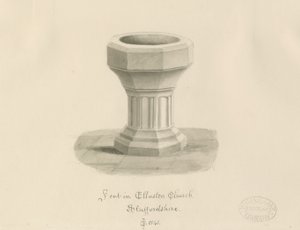 Font i Ellastone Church: sepia-tegning av John Chessell Buckler