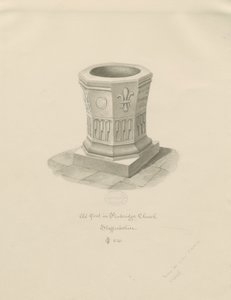Font i Penkridge Church: sepia-tegning, 1841 av John Chessell Buckler