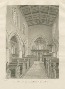 Interiør i Blithfield Church: sepia-tegning, 1824 av John Chessell Buckler