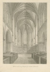 Interiør i Lichfield Cathedral - Choir and Lady Chapel: sepia-tegning av John Chessell Buckler