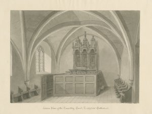 Interiør i Lichfield Cathedral - Consistory Court: sepia-tegning av John Chessell Buckler