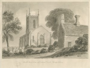 Ipstones kirke: sepia tegning av John Chessell Buckler