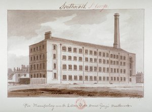 Pinnefabrikk nær London Road, Southwark, London, 1827 av John Chessell Buckler