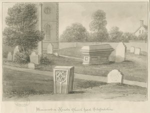 Rocester Church - Monumenter og kirkegård: sepia-tegning av John Chessell Buckler