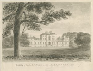 Sandon Hall: sepia vask tegning av John Chessell Buckler