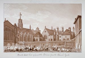 Sørøstutsikt over Lambeth Palace fra kirkegården, London, 1828 av John Chessell Buckler