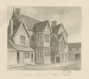 Stafford - Old Houses in Crabbery Lane: sepia-tegning, 1841 av John Chessell Buckler