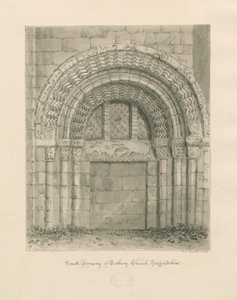 Tutbury Priory Church - South Doorway: sepia vasketegning, 1812 av John Chessell Buckler