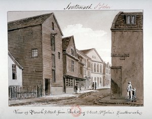 Utsikt over Parish Street og Artillery Street, Bermondsey, London, 1828 av John Chessell Buckler