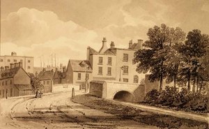 Utsikt over Mill Pond Bridge, Bermondsey av John Chessell Buckler