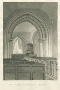 Worcestershire - Droitwich - Dodderhill Church Interiør: sepia-tegning av John Chessell Buckler