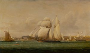 En toppseilskoter, to Royal Yacht Squadron Cutters og et amerikansk handelsskip (olje)