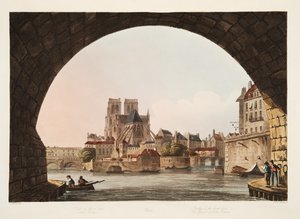 Broen til Hotel Dieu og kirken Notre Dame, illustrasjon fra Versailles, Paris og Saint Denis, pub. 1805 (akvatint) av John Claude Nattes