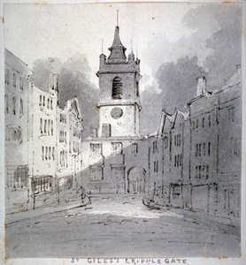Church of St Giles uten Cripplegate fra Fore Street, City of London, 1790. av John Claude Nattes