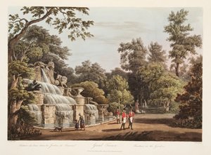 Grand Trianon, Fountain in the Garden, illustrasjon fra Versailles, Paris og Saint Denis, pub. 1805 (akvatint) av John Claude Nattes