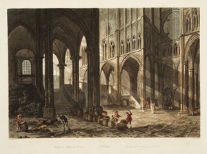 Interiør i St. Denis-kirken, illustrasjon fra Versailles, Paris og Saint Denis, pub. 1805 (akvatint)