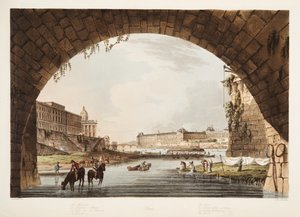 Louvre; Mynten; College of the 4 Nations; The Bridge of Reunion, illustrasjon fra Versailles, Paris og Saint Denis, pub. 1805 (akvatint) av John Claude Nattes