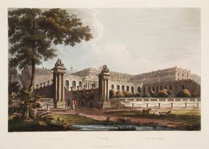 Versailles fra The Orangerie, illustrasjon fra Versailles, Paris og Saint Denis, pub. 1805 (akvatint) av John Claude Nattes