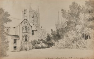 Utsikt fra hagen til Henry Thorold, Esq., huset hans og Lincoln Cathedral