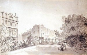 Utsikt over Fitzroy Square med to figurer som trekker en hagerulle, ca. 1808 (blekk og vask på papir) av John Claude Nattes