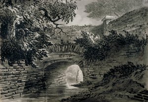 Utsikt over en del av Serpentines dreneringssystem i Hyde Park, London, c1817 av John Claude Nattes