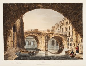 Utsikt tatt fra under den første brobuen til Hotel Dieu, den lille broen, en del av Hotel Dieu, illustrasjon fra Versailles, Paris og Saint Denis, pub. 1809 (akvatint) av John Claude Nattes