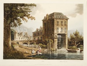 Mill at Charenton, illustrasjon fra Versailles, Paris og Saint Denis, pub. 1807 (akvatint) av John Claude after Nattes