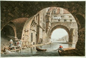 Vaskeplassen til Hotel-Dieu og Pont de la Tournelle, gravert av I. Hill, 1810 (akvatint) av John Claude after Nattes