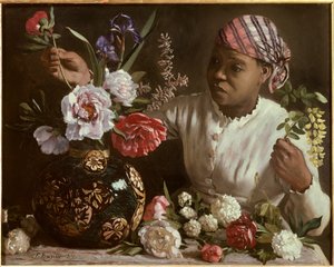 La negresse aux peonines Maleri av Frederic Bazille (1841-1870) 1870 Dim. 0,6x0,75 m Montpellier, musee Fabre - Den svarte kvinnen med peoner. Maleri av Frederic Bazille (1841-1870)