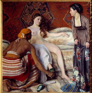 Orientalisme: "" Toalettet"" En ung hvit kvinne assistert av sine to jomfruer har toalettet sitt. Maleri av Frederic Bazille (1841-1870) 1869 Søn. 1,32x1,27 m Montpellier, Musee Fabre