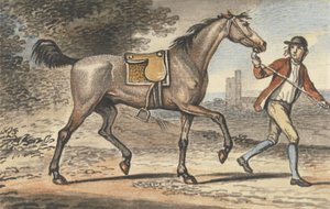 Stallgutt som leder en travhest i et landskap med et slottstårn (wc på papir)
