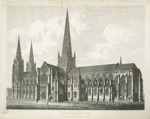 Lichfield Cathedral - South East View: gravering, nd [c 1823] (trykk) av John Coney