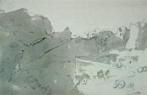 A Quarry for Mill-stones in Derbyshire, 1801 (blyant og sepia vask på papir) av John Constable