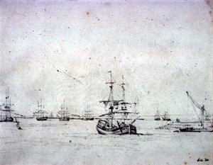 En brigg for anker og annen skipsfart i Themsen (grafitt på papir) av John Constable