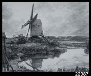 En mølle ved bredden av elven Stour (kull på papir) av John Constable