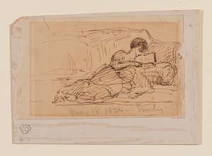 Kunstnerens datter, Emily, liggende på en sofa og leser, 18. mai 1834 av John Constable