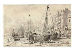 Strandet fiskebåter med fiskere som reparerer garn på stranden ved Brighton, med utsikt mot vest, ca. 1824-28 av John Constable