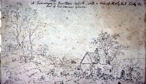 Hytte på Brantham, med utsikt over Mistley Hall (tegning) av John Constable